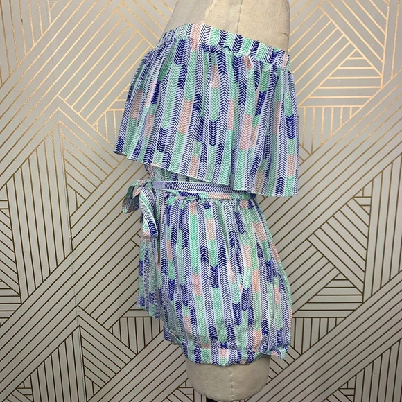 Lemlem Gigi Silk Strapless Romper in Blue Green Chevron Print Size‎ US Small - Picture 5 of 11